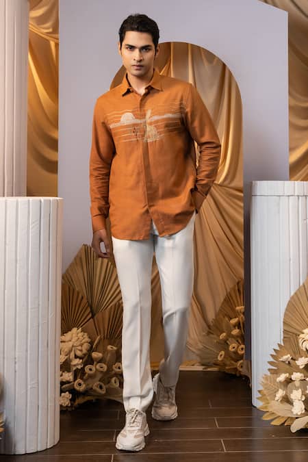 Shop Yoseba Orange Linen Embroidery Rabbit Motif Shirt Online at Aza Fashions Shop_Yoseba_Orange Linen Embroidery Rabbit Motif Shirt _Online_at_Aza_Fashions