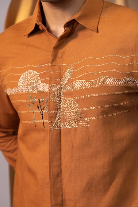 Yoseba Orange Linen Embroidery Rabbit Motif Shirt at Aza Fashions Yoseba_Orange Linen Embroidery Rabbit Motif Shirt _at_Aza_Fashions