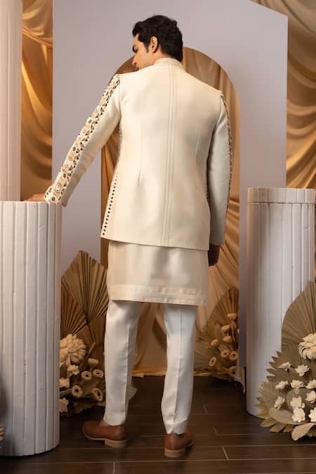 Shop Yoseba Beige Bamboo, Cotton Embroidery Jacket Kurta Set at Aza Fashions Shop_Yoseba_Beige Bamboo, Cotton Embroidery Jacket Kurta Set _at_Aza_Fashions