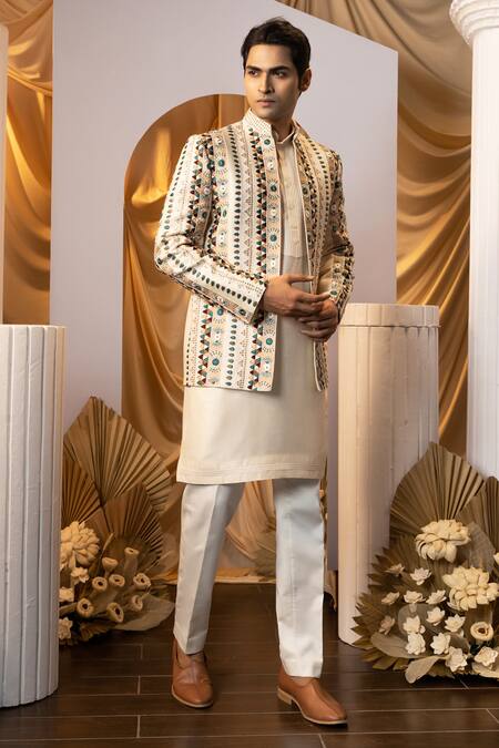 Buy Yoseba Beige Bamboo, Cotton Embroidery Jacket Kurta Set Online at Aza Fashions Buy_Yoseba_Beige Bamboo, Cotton Embroidery Jacket Kurta Set _Online_at_Aza_Fashions