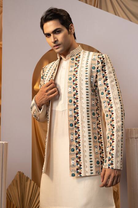 Shop Yoseba Beige Bamboo, Cotton Embroidery Jacket Kurta Set Online at Aza Fashions Shop_Yoseba_Beige Bamboo, Cotton Embroidery Jacket Kurta Set _Online_at_Aza_Fashions