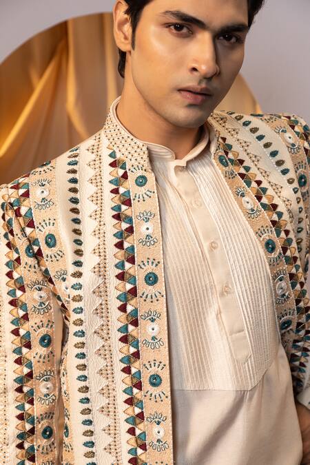 Yoseba Beige Bamboo, Cotton Embroidery Jacket Kurta Set at Aza Fashions Yoseba_Beige Bamboo, Cotton Embroidery Jacket Kurta Set _at_Aza_Fashions