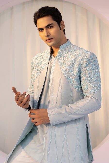 Shop Yoseba Blue Bamboo, Cotton, Silk Embroidery Floral Jacket Kurta Set Online at Aza Fashions Shop_Yoseba_Blue Bamboo, Cotton, Silk Embroidery Floral Jacket Kurta Set _Online_at_Aza_Fashions