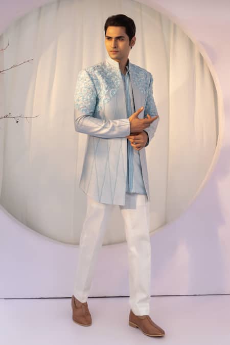 Yoseba Blue Bamboo, Cotton, Silk Embroidery Floral Jacket Kurta Set at Aza Fashions Yoseba_Blue Bamboo, Cotton, Silk Embroidery Floral Jacket Kurta Set _at_Aza_Fashions