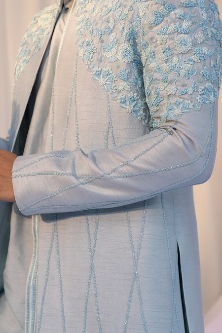 Buy Yoseba Blue Bamboo, Cotton, Silk Embroidery Floral Jacket Kurta Set Buy_Yoseba_Blue Bamboo, Cotton, Silk Embroidery Floral Jacket Kurta Set