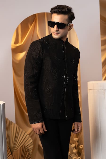 Shop_Yoseba_Black Silk Mirrors Embroidered Bandhgala And Trouser Set _Online_at_Aza_Fashions