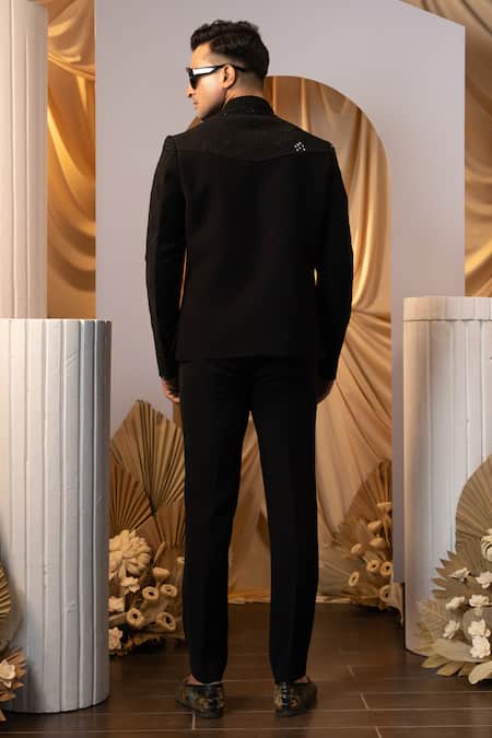 Yoseba_Black Silk Mirrors Embroidered Bandhgala And Trouser Set _Online_at_Aza_Fashions