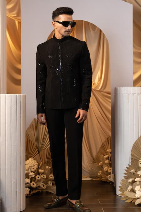 Buy_Yoseba_Black Silk Mirrors Embroidered Bandhgala And Trouser Set 