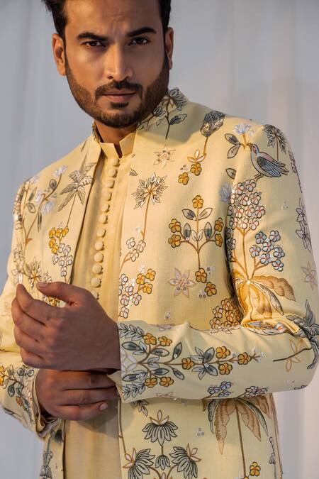 Shop Yoseba Yellow Bamboo, Silk, Cotton Sequins, Embroidery Thread And Kurta Set Shop_Yoseba_Yellow Bamboo, Silk, Cotton Sequins, Embroidery Thread And Kurta Set