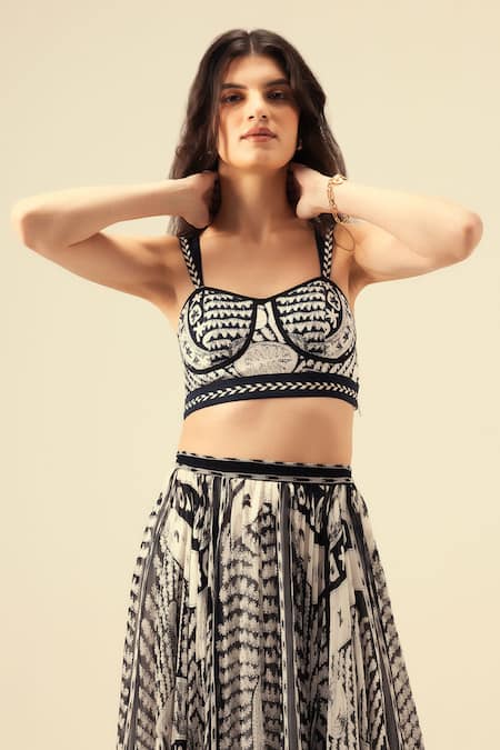 Buy_Reena Sharma_Black Viscose, Chiffon Embroidery Monochromatic Print Corset And Skirt Set _Online_at_Aza_Fashions