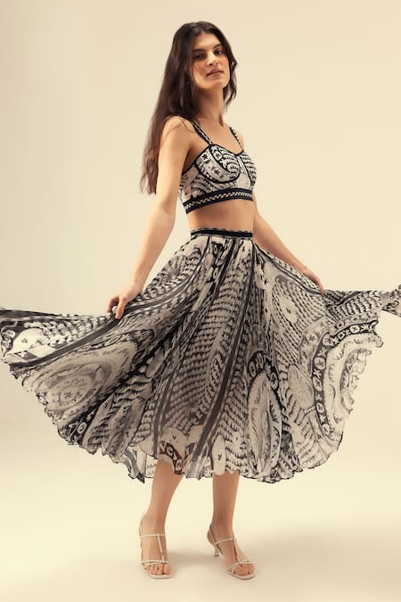 Shop_Reena Sharma_Black Viscose, Chiffon Embroidery Monochromatic Print Corset And Skirt Set _Online_at_Aza_Fashions