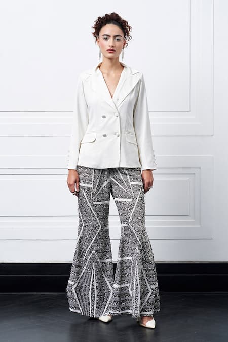 KAY KAY Off White Sequin Embellished Pant Set 