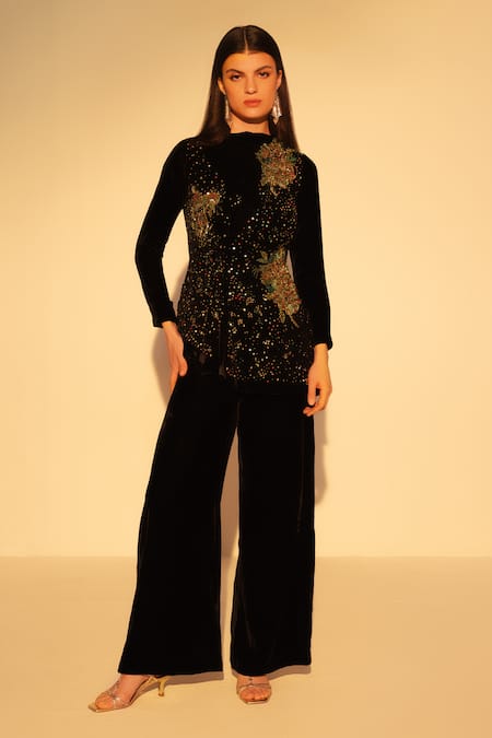 Reena Sharma_Black Viscose, Velvet Sequins, Beads, Embroidery High Floral Asymmetric Top _Online_at_Aza_Fashions