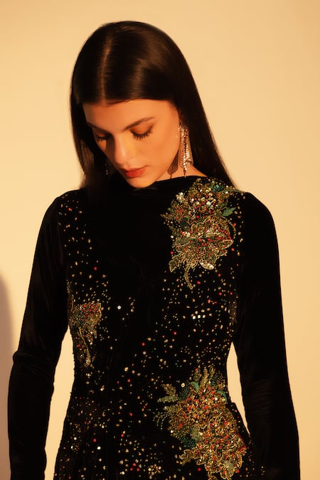 Buy_Reena Sharma_Black Viscose, Velvet Sequins, Beads, Embroidery High Floral Asymmetric Top _Online_at_Aza_Fashions