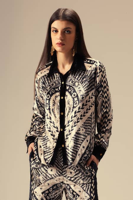 Buy_Reena Sharma_Black Viscose, Velvet Collared Monochromatic Ethnic Print Shirt And Pant Set _Online_at_Aza_Fashions
