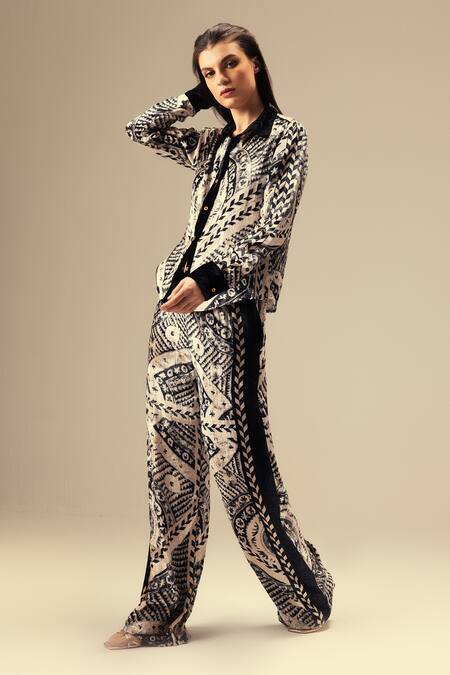 Shop_Reena Sharma_Black Viscose, Velvet Collared Monochromatic Ethnic Print Shirt And Pant Set _Online_at_Aza_Fashions