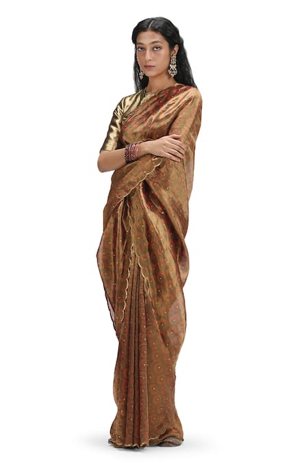 Buy Mimamsaa Brown Tissue, Silk Sequins Round Neck Geometric Pattern Scalloped Saree Set Buy_Mimamsaa_Brown Tissue, Silk Sequins Round Neck Geometric Pattern Scalloped Saree Set
