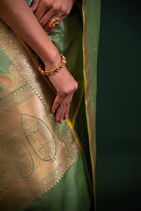 Buy_Sacred Weaves_Green Satin Zari Floral Border Saree_Online_at_Aza_Fashions