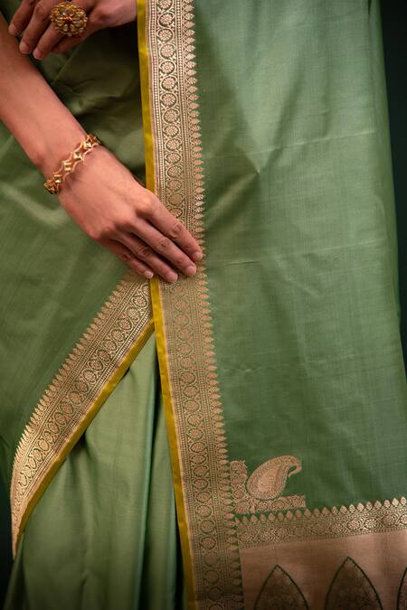 Shop_Sacred Weaves_Green Satin Zari Floral Border Saree_Online_at_Aza_Fashions