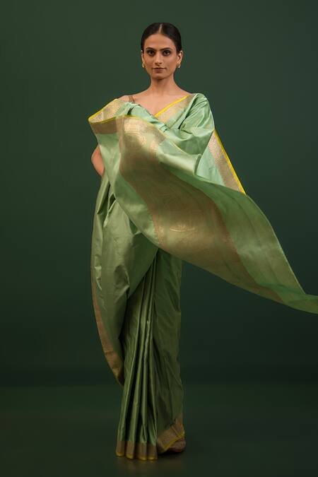 Sacred Weaves_Green Satin Zari Floral Border Saree_at_Aza_Fashions
