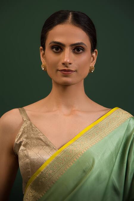 Buy_Sacred Weaves_Green Satin Zari Floral Border Saree