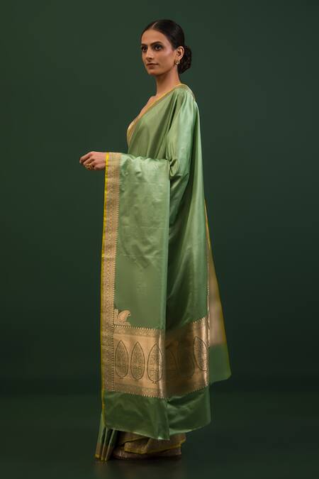 Shop_Sacred Weaves_Green Satin Zari Floral Border Saree