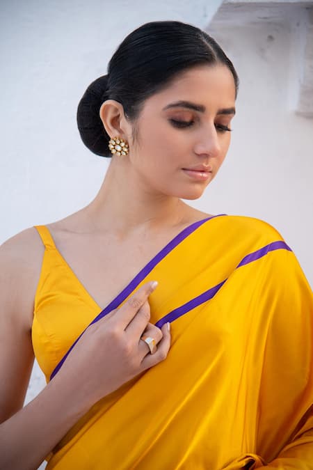 Buy_Sacred Weaves_Yellow Satin Embroidery Floral Butti Pattern Handloom Saree_Online_at_Aza_Fashions