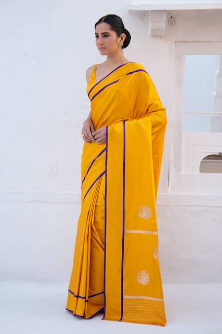 Shop_Sacred Weaves_Yellow Satin Embroidery Floral Butti Pattern Handloom Saree_Online_at_Aza_Fashions