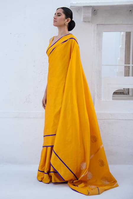 Sacred Weaves_Yellow Satin Embroidery Floral Butti Pattern Handloom Saree_at_Aza_Fashions