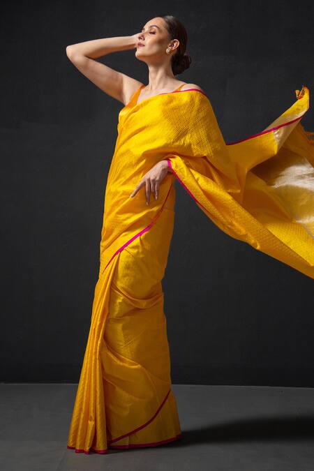 Shop_Sacred Weaves_Yellow Satin, Silk Embroidery Geometric Tanchoi Woven Saree_Online_at_Aza_Fashions