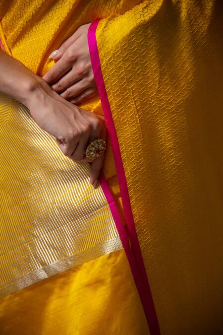 Sacred Weaves_Yellow Satin, Silk Embroidery Geometric Tanchoi Woven Saree_at_Aza_Fashions