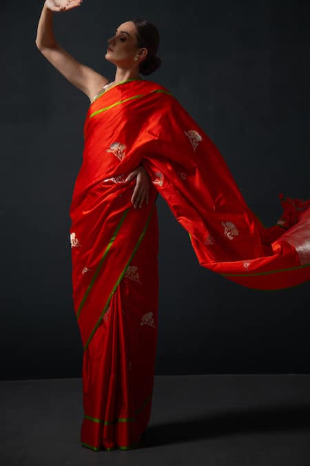 Sacred Weaves_Red Satin Zari Floral Butti Saree_Online_at_Aza_Fashions