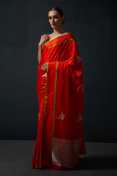 Buy_Sacred Weaves_Red Satin Zari Floral Butti Saree_Online_at_Aza_Fashions