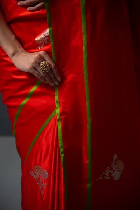 Shop_Sacred Weaves_Red Satin Zari Floral Butti Saree_Online_at_Aza_Fashions