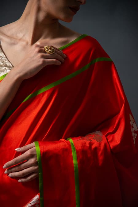 Sacred Weaves_Red Satin Zari Floral Butti Saree_at_Aza_Fashions