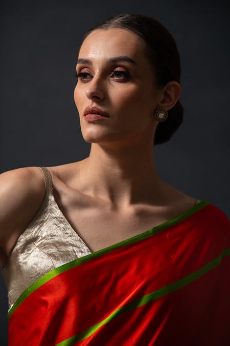 Buy_Sacred Weaves_Red Satin Zari Floral Butti Saree