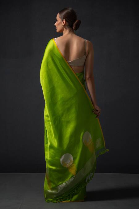 Shop Sacred Weaves Green Satin Zari Floral Butti Saree at Aza Fashions Shop_Sacred Weaves_Green Satin Zari Floral Butti Saree_at_Aza_Fashions