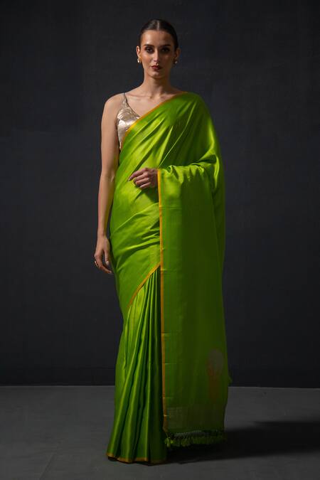 Buy Sacred Weaves Green Satin Zari Floral Butti Saree Buy_Sacred Weaves_Green Satin Zari Floral Butti Saree