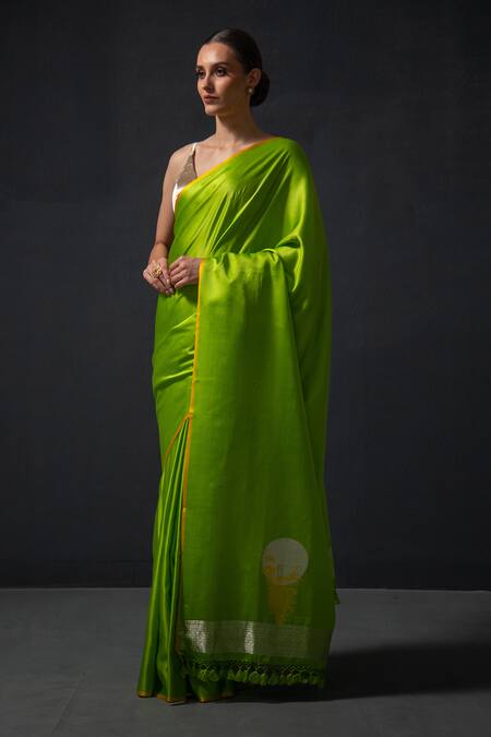 Shop Sacred Weaves Green Satin Zari Floral Butti Saree Shop_Sacred Weaves_Green Satin Zari Floral Butti Saree