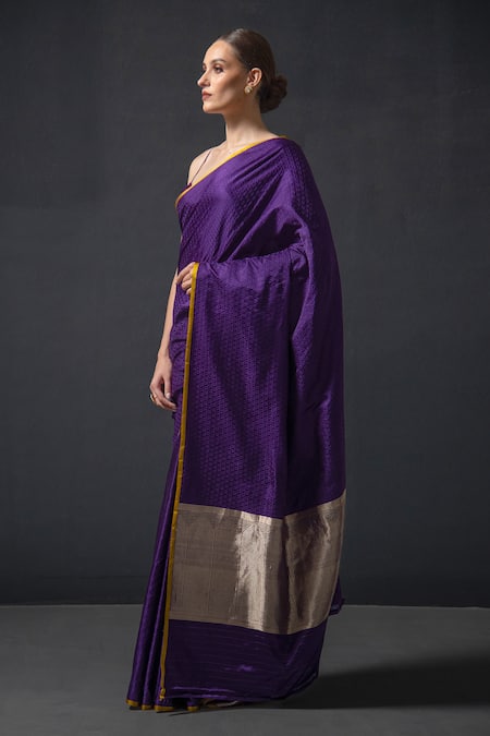 Shop_Sacred Weaves_Purple Satin Zari Tanchoi Woven Saree_Online_at_Aza_Fashions