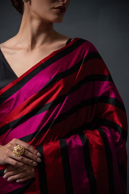 Sacred Weaves_Red Satin Zari Broad Stripe Paisley Saree_Online_at_Aza_Fashions