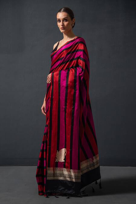 Buy_Sacred Weaves_Red Satin Zari Broad Stripe Paisley Saree_Online_at_Aza_Fashions
