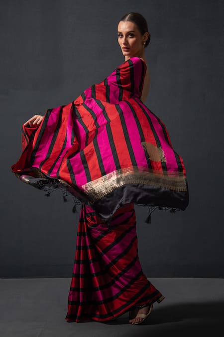 Shop_Sacred Weaves_Red Satin Zari Broad Stripe Paisley Saree_Online_at_Aza_Fashions