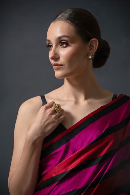 Sacred Weaves_Red Satin Zari Broad Stripe Paisley Saree_at_Aza_Fashions