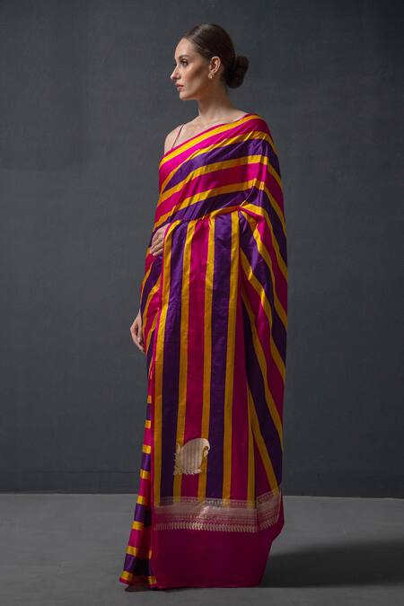 Sacred Weaves_Magenta Satin Zari And Purple Stripe Handloom Saree_Online_at_Aza_Fashions