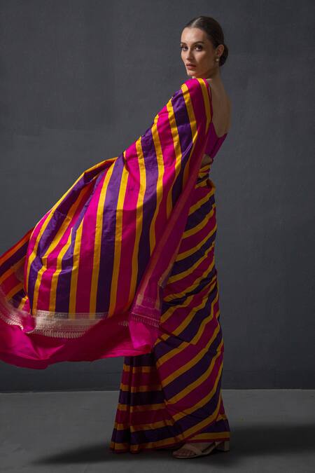 Buy_Sacred Weaves_Magenta Satin Zari And Purple Stripe Handloom Saree_Online_at_Aza_Fashions