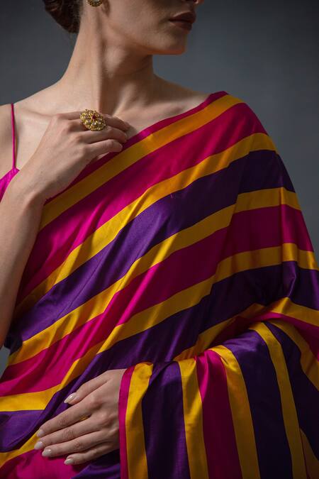 Shop_Sacred Weaves_Magenta Satin Zari And Purple Stripe Handloom Saree_Online_at_Aza_Fashions