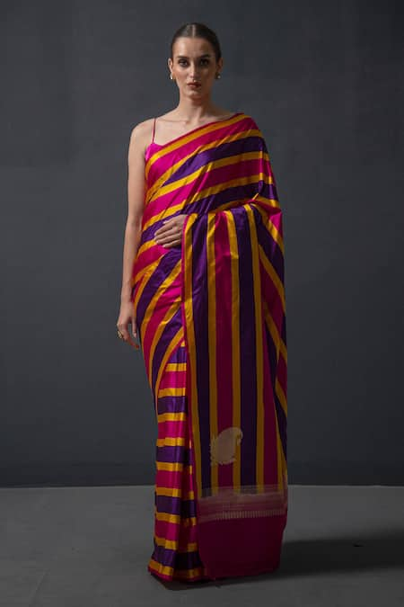 Sacred Weaves Magenta & Purple Stripe Handloom Saree 