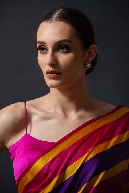 Sacred Weaves_Magenta Satin Zari And Purple Stripe Handloom Saree_at_Aza_Fashions