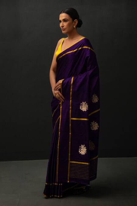 Shop Sacred Weaves Purple Satin Zari Meenakari Floral Butti Pattern Saree Online at Aza Fashions Shop_Sacred Weaves_Purple Satin Zari Meenakari Floral Butti Pattern Saree_Online_at_Aza_Fashions